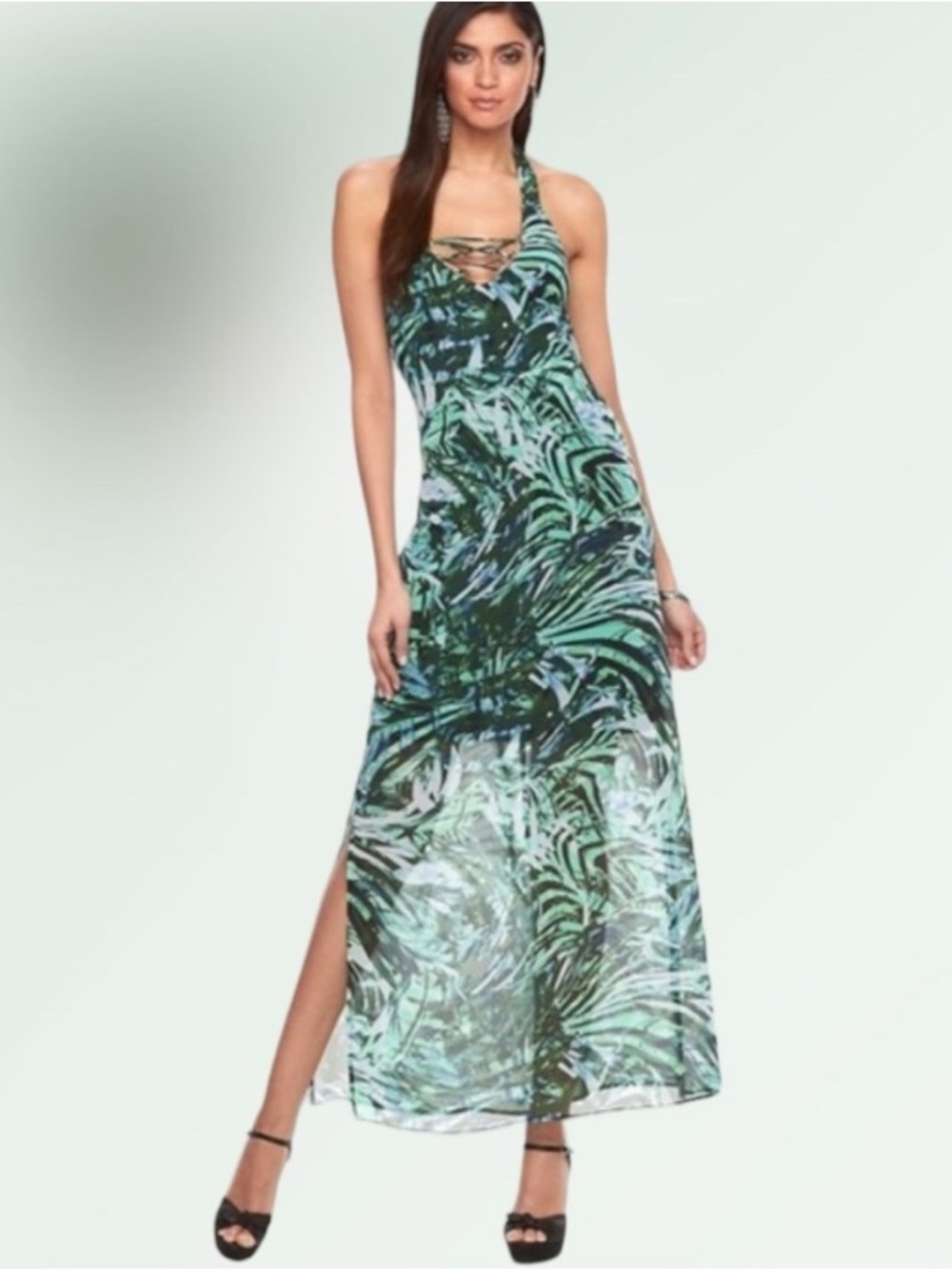 Jennifer Lopez Green Palm-Print Halter Maxi Dress